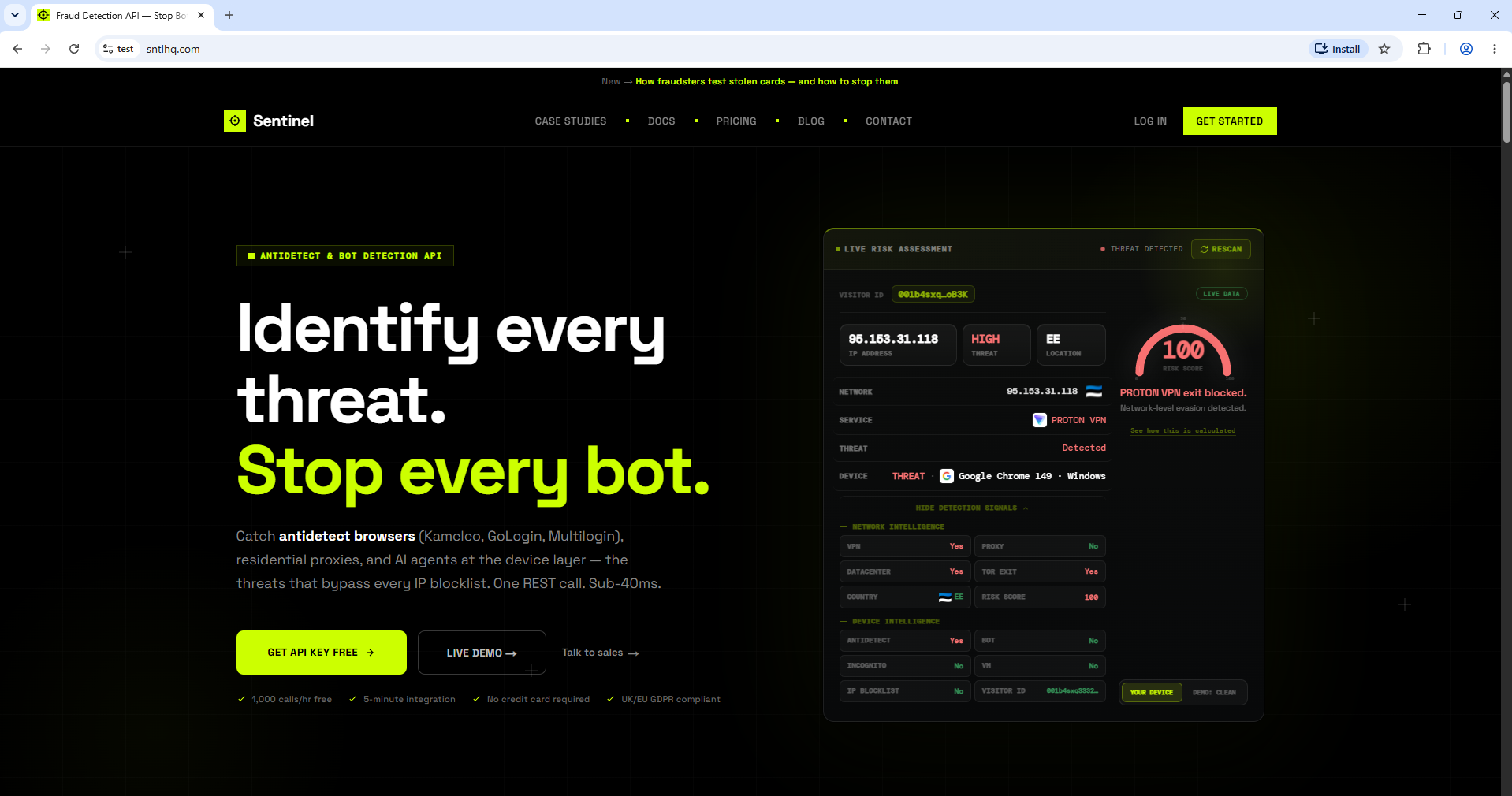 Sentinel live scanner flagging the Kameleo profile: risk score 100, antidetect yes, Proton VPN exit blocked