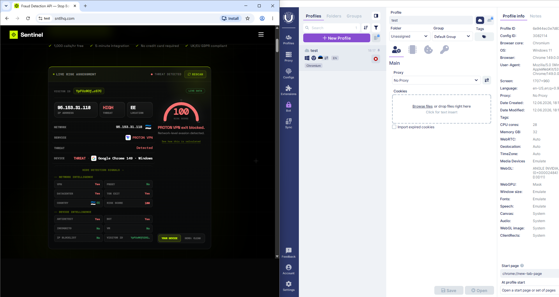 Undetectable browser profile flagged by Sentinel: risk score 100, antidetect yes, bot yes